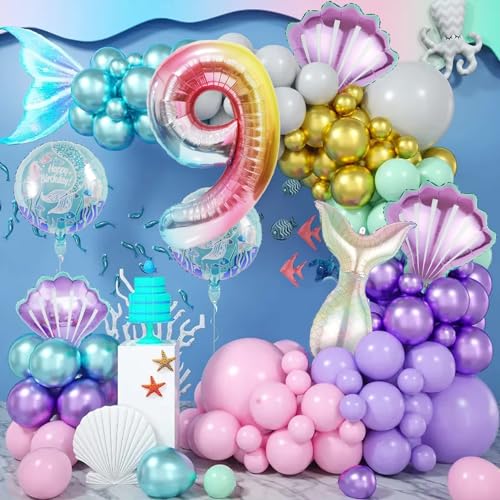 Image of Mermaid Birthday Decorations Mermaid Balloons - Number 9 Balloons for Girls Under The Sea Mermaid Theme Baby Shower Birthday Favors