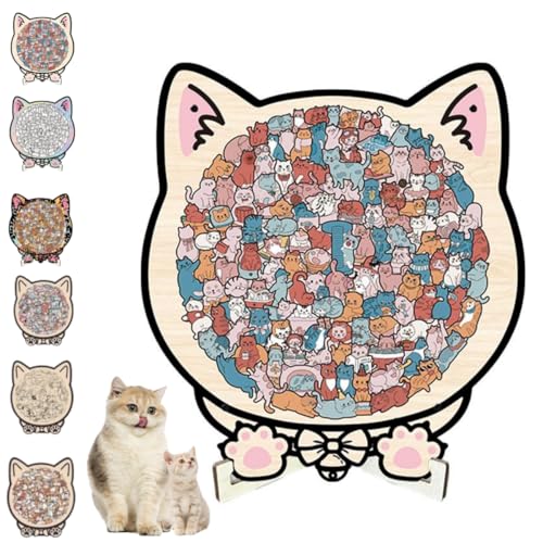 135-Piece Morandi-Colored Cat Shaped Wooden Jigsaw Puzzle, Cute Cat-Shaped Wooden Puzzle with A Frame, Unique Animal Shape Wood Puzzles Gifts for Cat Lovers, Home Desktop Decoration (Brown H)