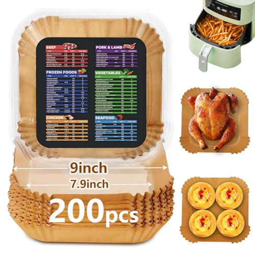 Image of 200PCS Air Fryer Liners Disposable: Square 7.9 Inch Non-Stick Airfryer Paper Liners - Food Grade Parchment Paper for 5 6 7 8 QT Air Fryer Baking and Roasting - Waterproof and OilProof (9 Inch on Top)