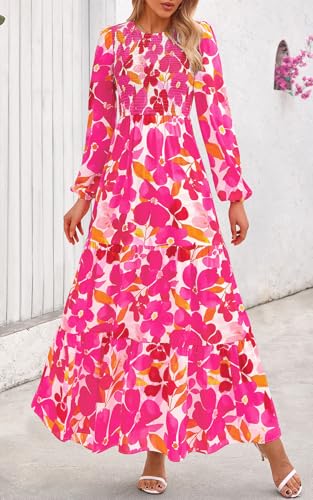 Image of PRETTYGARDEN Women's Fall Dresses 2026 Long Sleeve Flowy Casual Floral Maxi Dress Crew Neck Smocked Tiered Long Dress