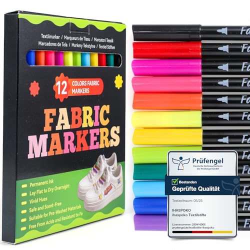 ihaspoko Textilstifte Waschmaschinenfest, 12 Farben Textilstifte für T-Shirts, Jeans, Hüte, Leinentaschen, Schuhe, Textilmarker Stoffmalfarben für Malen und Schreiben