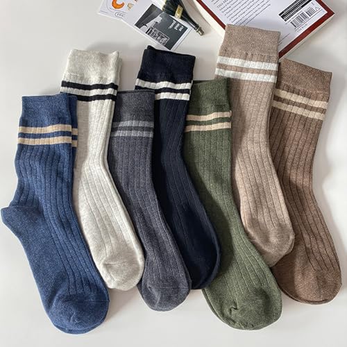 TeenFighter 7 Pair Pack Men's Retro Double Bar Cotton Socks - Vintage Design Crew Socks with Breathable Soft Fabric for Casual & Athletic Wear4