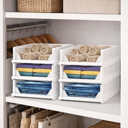 Image of Go Hooked Foldable Wardrobe Organizer with Drawer Style Pull Out Design | Pack of 6 Small (44x34x14.5 cm) Shelf Storage Box | Heavy Duty Plastic Shirt Stacker for Cupboard, Almirah & Closet | White
