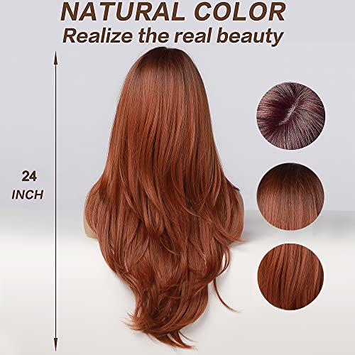 OUFEI Long Straight Auburn Layered Natural Synthetic Hair Wigs for Women with Dark Roots for Daily Party Use-24 Inches - Image 4