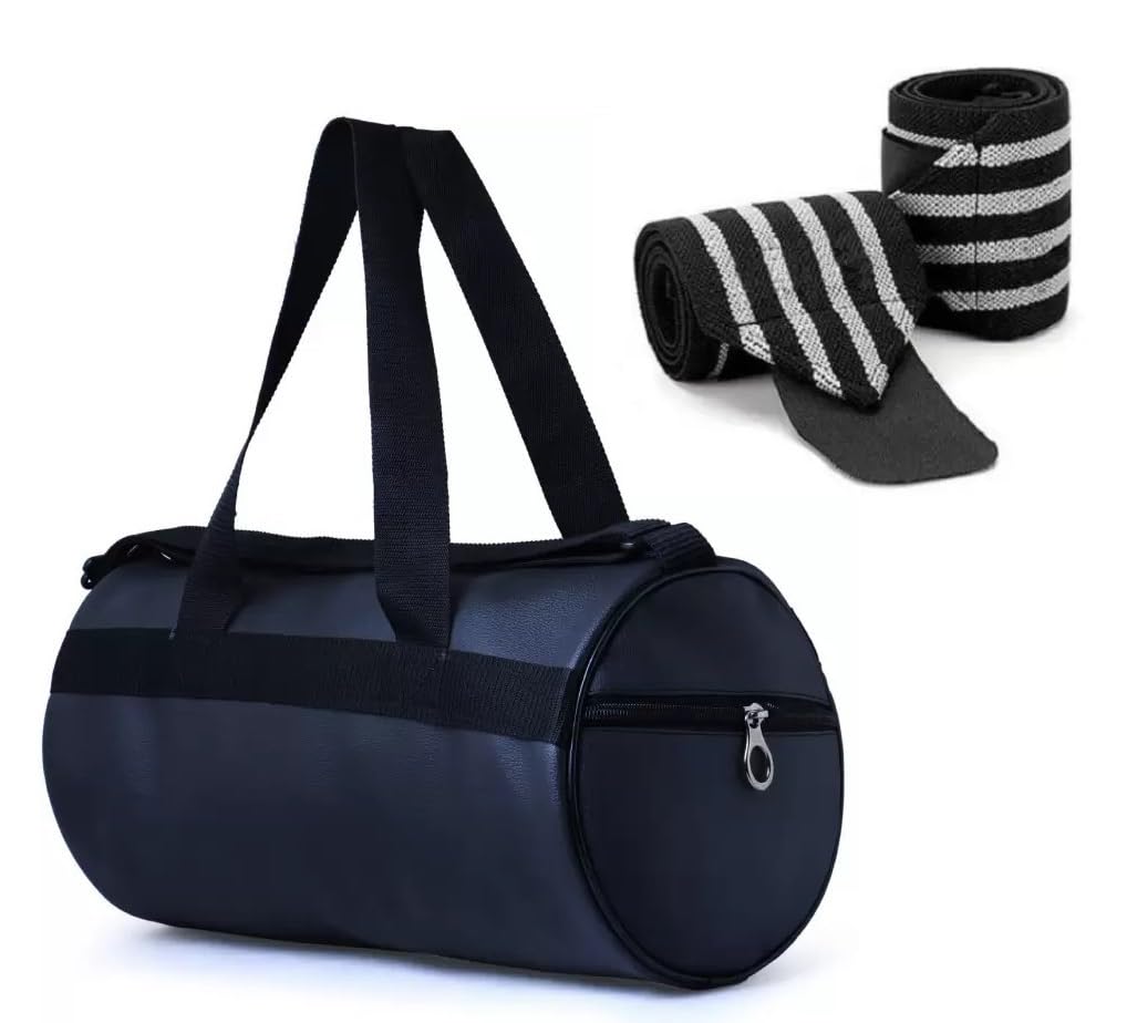 Rainox Combo Pack of PU-Leather Black Gym Bag, Gym Duffel Bag with Shoulder Strap for Men & Women with Grey Wrist Support Gym Band-image-39