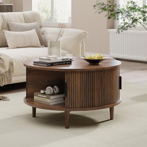 Image of Round Coffee Table with Storage, Mid Century Modern Coffee Table, Fluted Dining Table with Sliding Door, Circle Coffee Table for Living Room Home Office, 31.5 inch, Walnut