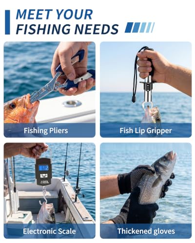 Image of Fishing Tool Kit - Fishing Pliers, Hook Remover, Fish Gripper，Fish Scale, Fish Knife, Saltwater Fishing Gear with Sharpeners, Best Gifts for Men
