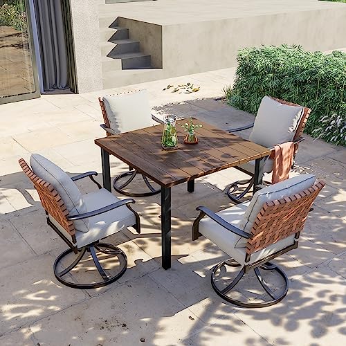 Image of Grand patio 5-Piece Outdoor Dining Set, 4 Leather-Look Wicker Swivel Patio Chairs & 1 Square Woodgrain Dining Table, Brown