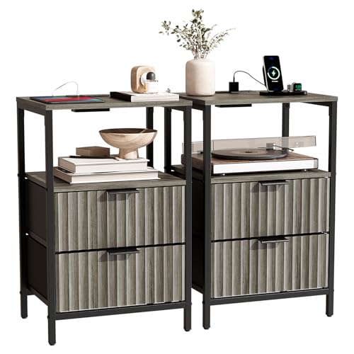 Image of Bonnlo Fluted Nightstand Set of 2, Fabric Dresser with 2 Drawers and 1 Shelf, Bedside Table /End Table with Charging Station, Nightstand for Bedroom, Livingroom, College Dorm, Grey