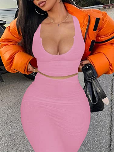 Image of Women Sexy Two Piece Skirt Outfits Long Sleeve /Sleeveless V Neck Bodycon Ribbed Knitted Maxi Club Party Dress