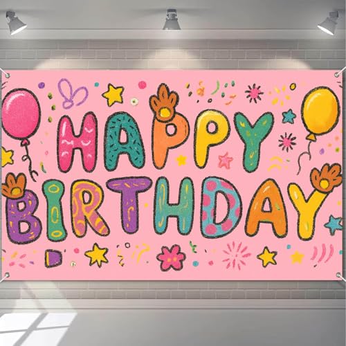 Image of HOMETITUTE Pink Cartoon Happy Birthday Banner Balloons Stars Flowers Streamers Confetti Party Decorations with Cute Cartoon Letters Birthday Banner Party Indoor and Outdoor Backdrop 71x43 Inch