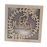Eid Mubarak LED Lamp Wooden Decor - Muslim Festival s for Home & Table Craft - Ramadan Ornament Gift with Moon & Star - Battery Operated Square Style - Islamic - style 1