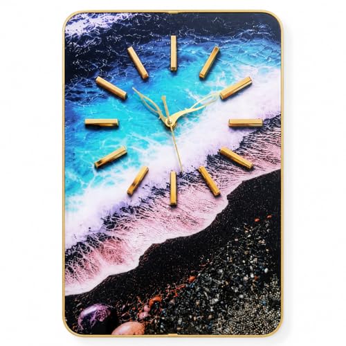 Image of Ocean Wave Wall Clock 18x12 Inch | Silent MDF Coastal Decor | Luxury Vastu Wall Clock with Golden Metal Markers | for Living Room, Bedroom & Office