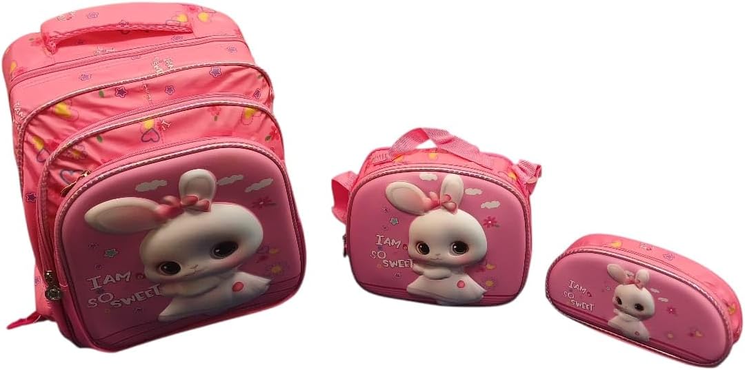 Kids School Backpack Set with Cute Bunny Theme – 3-Piece School Bag Combo (Backpack, Lunch Bag & Pencil Case) – Pink – Lightweight, Durable & Comfortable for Girls
