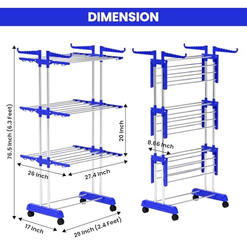 Image of TEKCOOL Foldable Cloth Drying Stand Stainless Steel - 3 Tier Heavy-Duty Clothes Dryer for Balcony, Indoor & Outdoor Use | with Wheels & Hanger Slots | Rust-Proof Laundry Rack (Blue, 3 TIRE):;