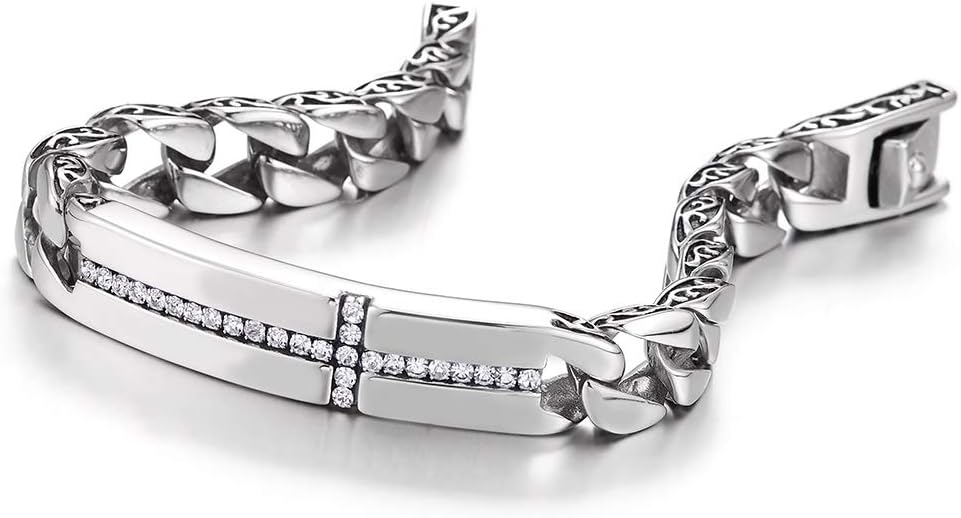 COOLSTEELANDBEYOND Mens Stainless Steel Cubic Zirconia Cross ID Identification Curb Chain Bracelet, Rock Tribal Faith - Image 4