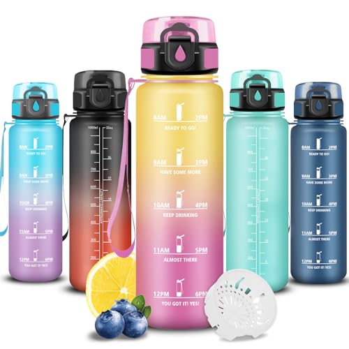 Trinkflasche 1l, Trinkflasche Sport, Wasserflasche Auslaufsicher, Wasserflasche mit Zeitmarkierung, Leicht zu Tragen und zu Reinigen… – Ansicht 1