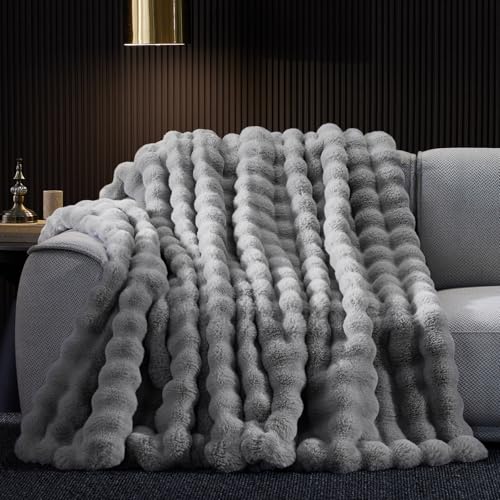 Faux Fur Throw Blanket, 1000GSM Fluffy Soft Bubble Blanket for Couch Bed, Cozy Plush Warm and Thick Blanket, Fuzzy Rabbit Lola Throw for Living Room Bedroom 60''*80'' Light Grey