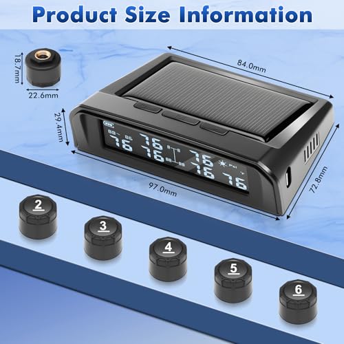 Tire Pressure Monitoring System,2025 Upgrade TPMS with 6 Sensors,Solar &USB Charging,LCD Display,6 Alarm Modes,Suitable for 6 Wheel Vehicles,Tire Monitoring System for Trucks/RV/Buses/Trailer(144psi) - Image 7