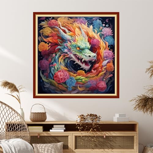 Image of Dimxvean Stamped Cross Stitch Kits,Cross Stitch Kits for Adults Beginners,Embroidery Kits Full Range of Cross Stitch Stamped Kits Needlepoint Kits Cross Stitch Patterns-Colorful Dragon 18x18 inch