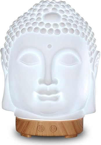Difusor de aroma de aceite esencial de Buda sonriente, difusor de aromaterapia de porcelana de 3.4 fl oz, mini humidificador ultrasónico de niebla