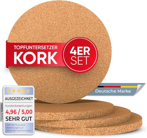 Wortek Topfuntersetzer Kork - 4er Set Rund, 19cm Durchmesser -...