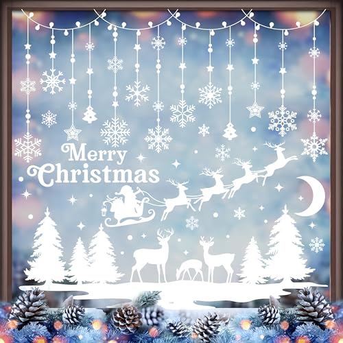 Image of AhfuLife Christmas Window Clings, 209 PCS Reusable Christmas Window Stickers for Glass, 9 Sheets Double Sided Snowflake Xmas Trees Garland Stickers for Xmas Party