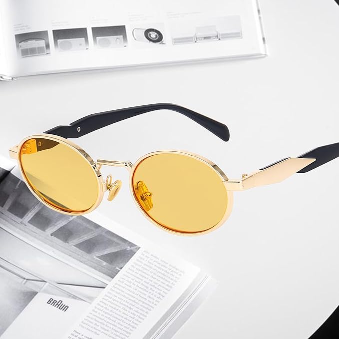 Image of Creature Oval Metal Frame Sunglasses for Men & Women | Vintage Retro Style | UV Protection | Gold Frame with Dark Lenses