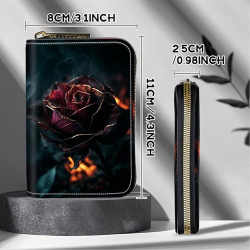 Image of Cute Credit Card Holder with Zipper, Burning Rose RFID-Blocking Card Case Small Wallet for Women Men, Multi-slot Card Organizer Case Travel Accordion Wallet