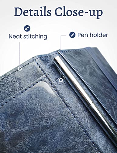 Image of Yarnic Checkbook Cover for Personal Checkbook, Checkbook Holder with Pen Holder & Built-in Clear Plastic Divider for Duplicate Checks (Blue)
