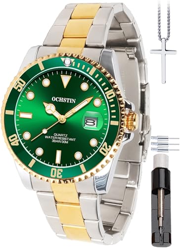 OCHSTIN Watches for Men - Classic Luxury Dress Watch with Date Green Big Face Mens Watch Luminous Mens Wrist Watch Analog Quartz Stainless Steel Mens Watches