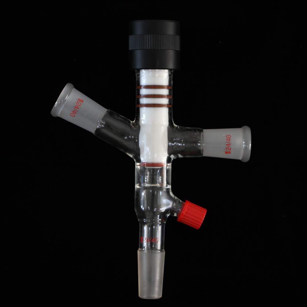 Adaptador de corte de vidrio de alto vacío con juntas 24/40 y GL14 for destilación de trayectoria corta de 75 grados.