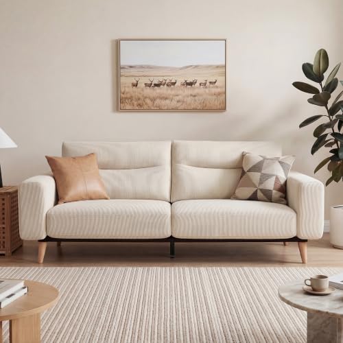 Image of Claiks 81 inch Mid-Century Oversized Loveseat, Corduroy 2-3 Seater Couch, Beige