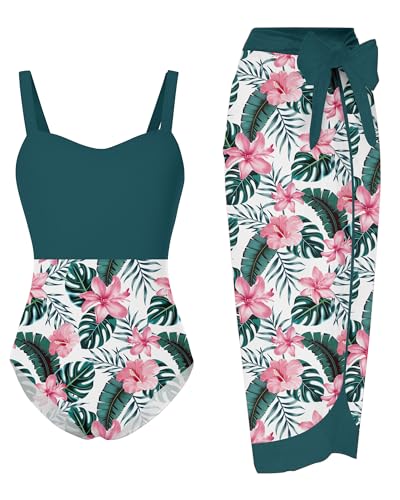 Image of UNIFACO Girls One Piece Swimsuit with Cover Up Skirt 2 Piece Bathing Suit Swimwear Sets 5-16T