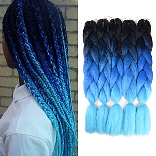 5Pcs /Lot Ombre Braiding Hair Kankalon Synthetic Braiding Hair Extension Jumbo Braids 24 Inch Ombre Braiding Hair Extensions (5 pack, black Dark blue Light blue)