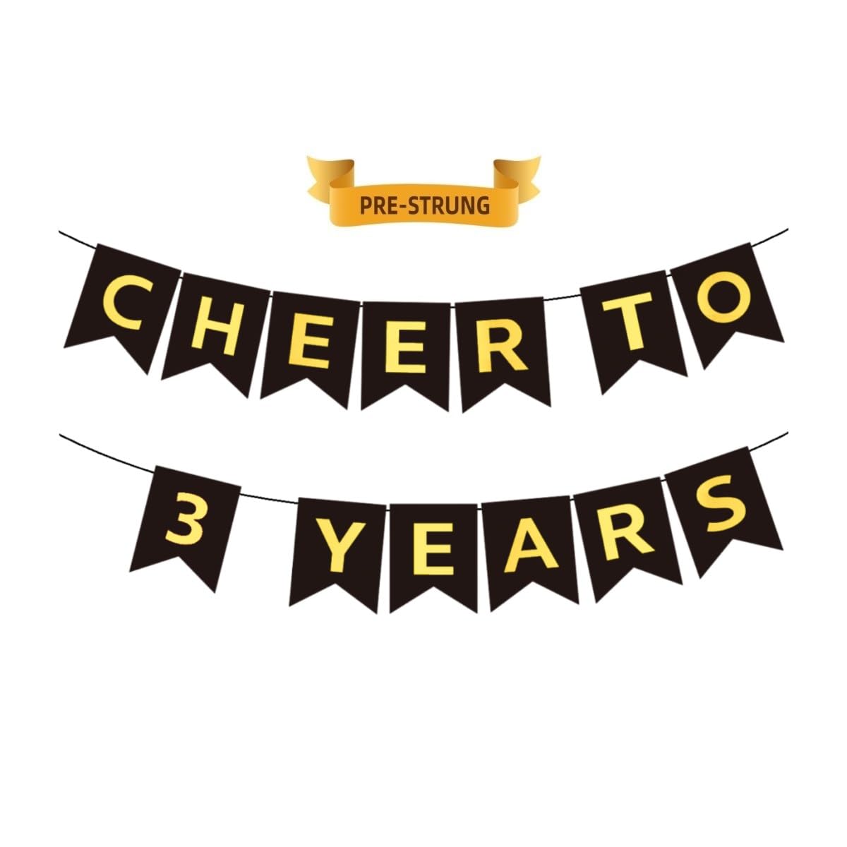 CHEERS TO 3 YEARS Banner, Pre-Strung, Black Gold 3rd Birthday and Anniversary Party Decorations, Happy 3rd Birthday Banner, Three Anniversary Party