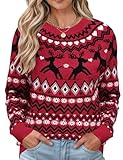 LOMON Women's Cute Comfy Christmas Reindeer Sweaters Lightweight Crewneck Fuzzy Party Pullover Sweaters Red Elk XL