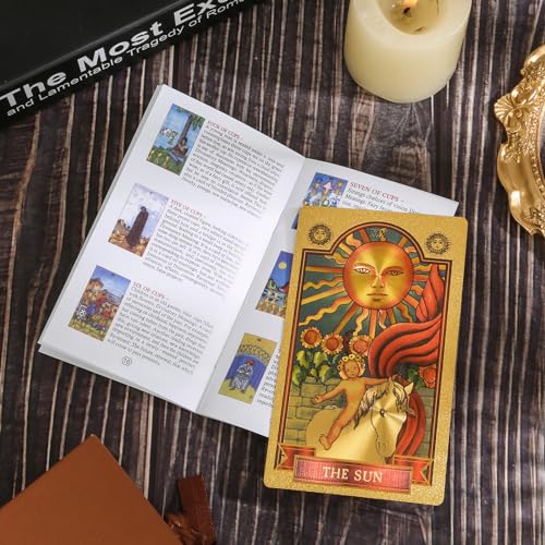 Gold Foil Tarot Cards with Guide Book, 78 Classic PVC Tarot Deck Waterproof and Wrinkle Resistant, Fortune Telling Game for Beginners - Thumbnail 3