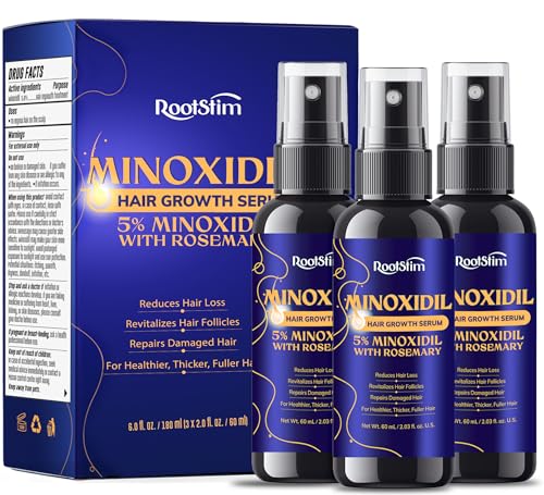 Image of 5% Minoxidil Hair Growth for Men and Women: 3-Pack RootStim Extra Strength Minoxidil with Rosemary for Thinning Hair Regrowth and Fuller Hair 180 ML