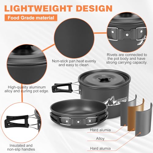 WADEO Camping Cookware Mess Kit with 7200W Camping Stove, 14PCS Non-Stick Camping Pot Pan Set with Stainless Steel Fork Knive Spoon for Camping Backpacking Hiking Outdoor Cooking and Picnic - Image 5