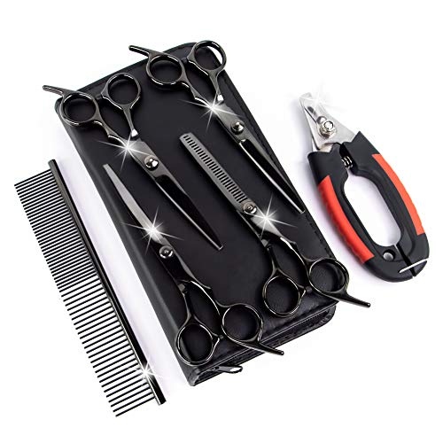 PETRIP Dog Scissors for Grooming Kit -5CR Stainless Steel Dog Pet Grooming Scissors Set, Thinning, Straight, Curved Shears Clippers Comb for Pets Cats