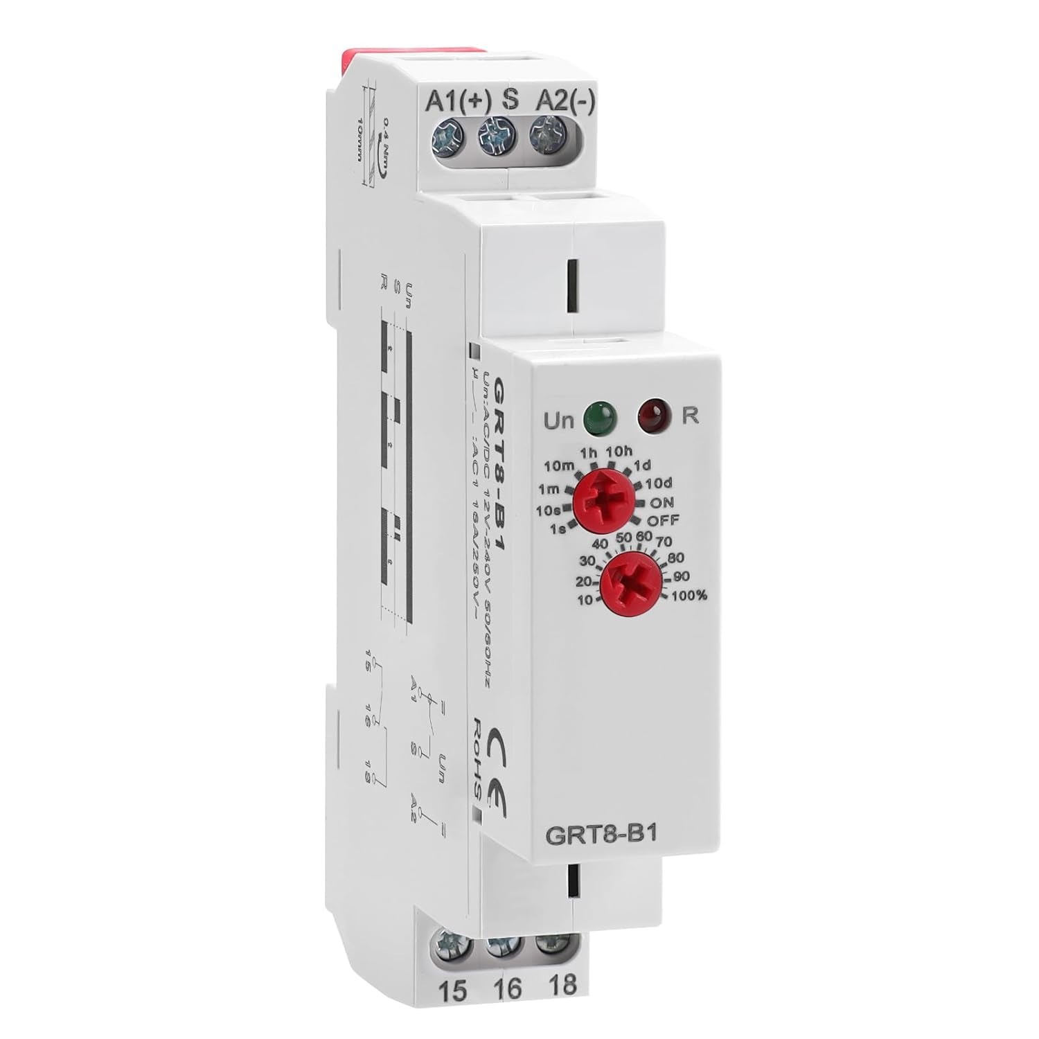 Relais Temporisé 12v GRT8-B1 Relais de Temporisation avec fonction unique Retarder Mise Hors Tension avec 10 Modes Retard 0,1 à 10 Jours Guida DIN 35mm(AC/DC 12V-240V)