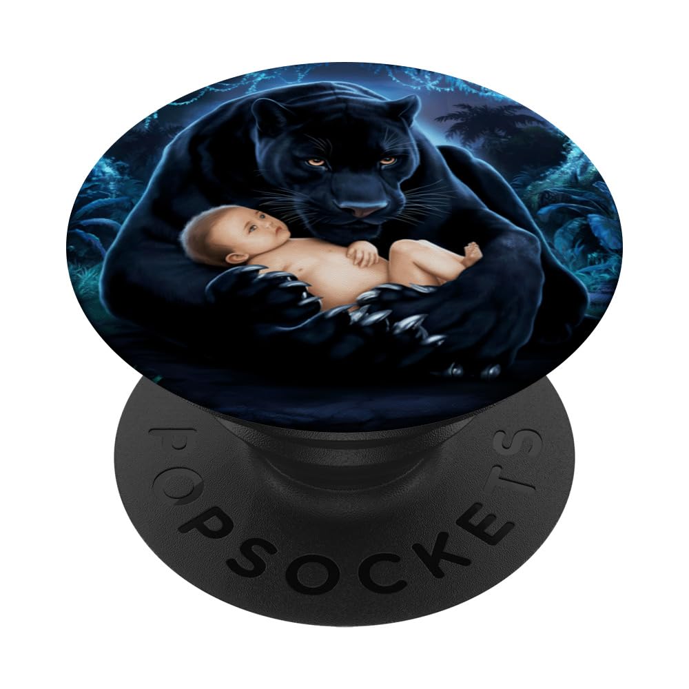 Fantasy Cute Panther Baby Night PopSockets Swappable PopGrip, Black