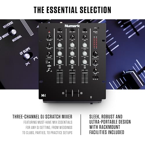Image of Numark M4 |3-Channel Rack Mountable Scratch DJ Mixer, Combo Jack Connection, with 3-Band EQ, Club-Ready Inputs, Mic Input and Reverse /Slope Controls, Black