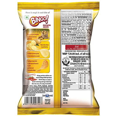Image of Bingo ! Original Style Chilli Sprinkled - Flat Cut Spicy Potato Chips Pack For Snacks,45 Gram /43G(Weight May Vary) (Pack of 3)