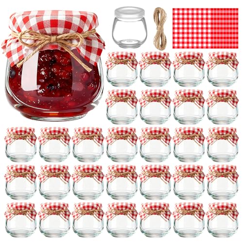 LemonRoad 30 Mini Yogurt Jars 3.4 oz Glass Bottles with Plastic Lids for Jam Honey Wedding Favors Birthday Party Decor Mason Jar with Checkered Cloth and Rope (Circle Red White)
