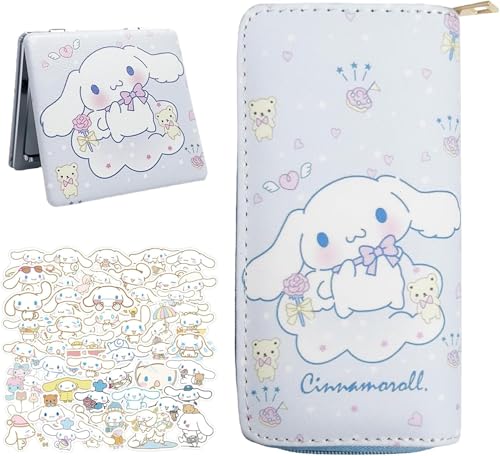 Kawaii Wallet with A Mirror and Stickers, ID Card Holder Purse Pouch with Zipper, Cute PU Wallet Durable Card Holder Credit Card Holder Money Bag for Students Teens Girls Boys