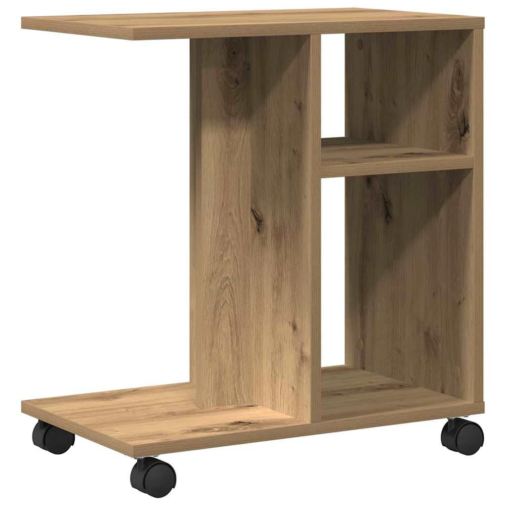 Mesa auxiliar de madera de roble Artisan, 50 x 30 x 55 cm, con estante y ruedas, ideal como mesa de centro, mesita de noche, mesa de sofá, mesa de almacenamiento, para salón, dormitorio