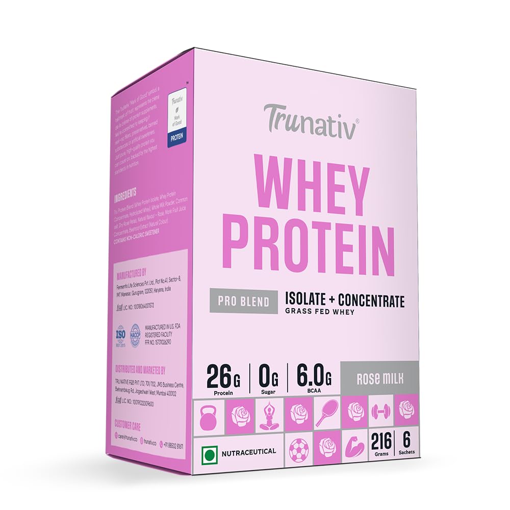 Trunativ Pro Blend Whey Protein Powder Isolate & Concentrate | 100% Light & Clean Protein Powder | 26g Protein | 6g BCAA | 12.52g EAA | No added sugar | Rose Milk | 216g