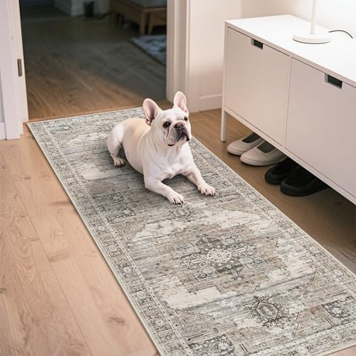 RUUGME Washable 2x6 Runner Rugs - Large Boho Rugs for Living Room Stain Resistant Carpet Vintage Tribal Rugs for Bedroom Kitchen Bathroom Non Slip Backing Home Decor Floor Decoration Mat 2X6 Beige